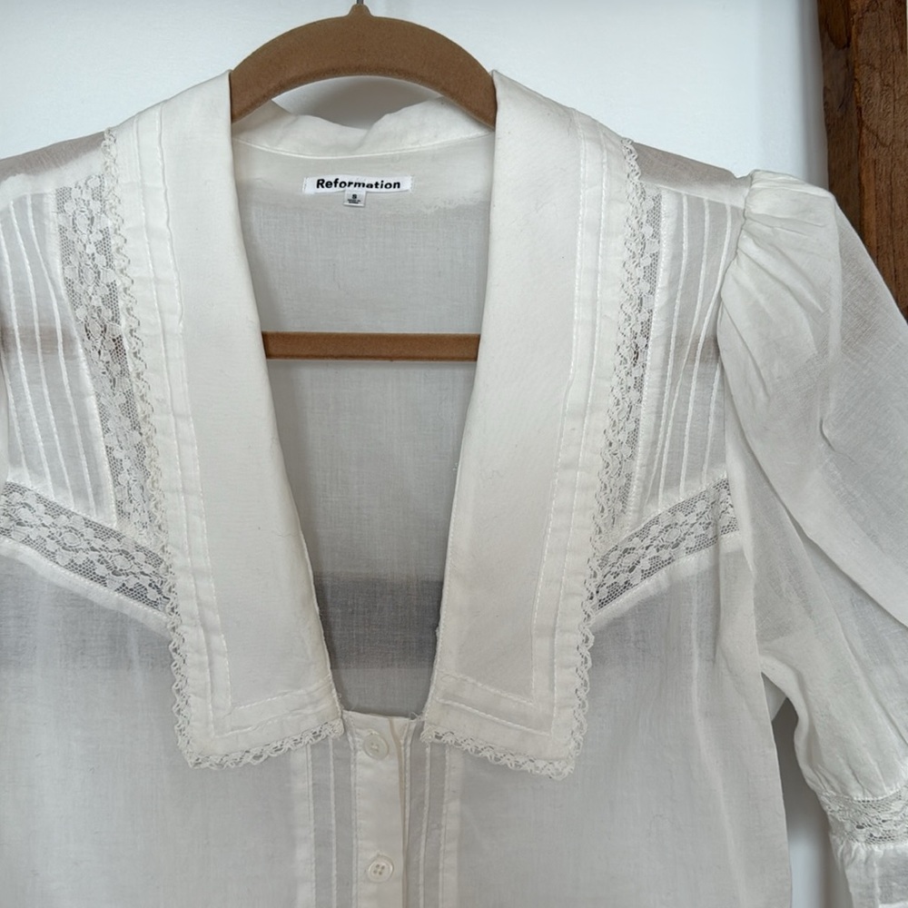 Reformation Ivory Puff Sleeve Lace Trim Blouse - Picture 4 of 7